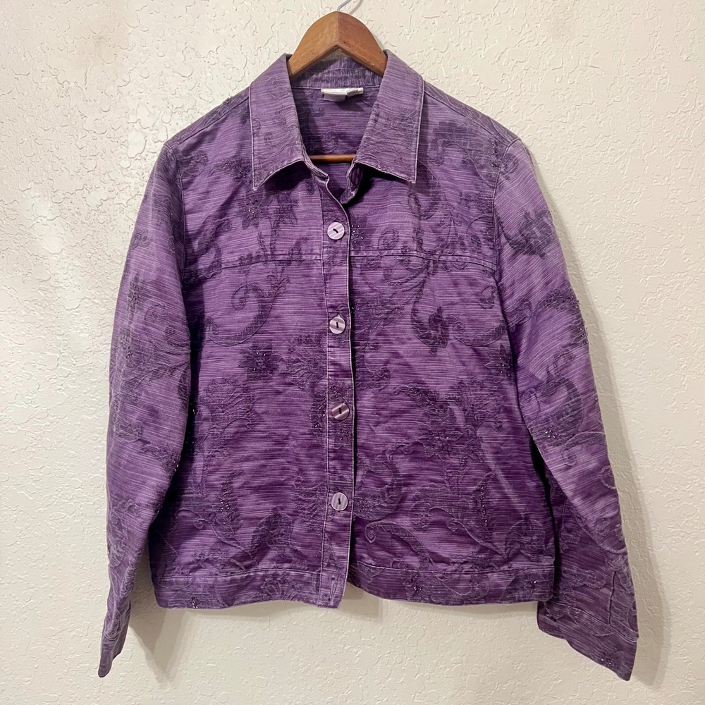 Coldwater Creek Purple Floral Jacquard Beaded Button Front Jacket L Whimsygoth